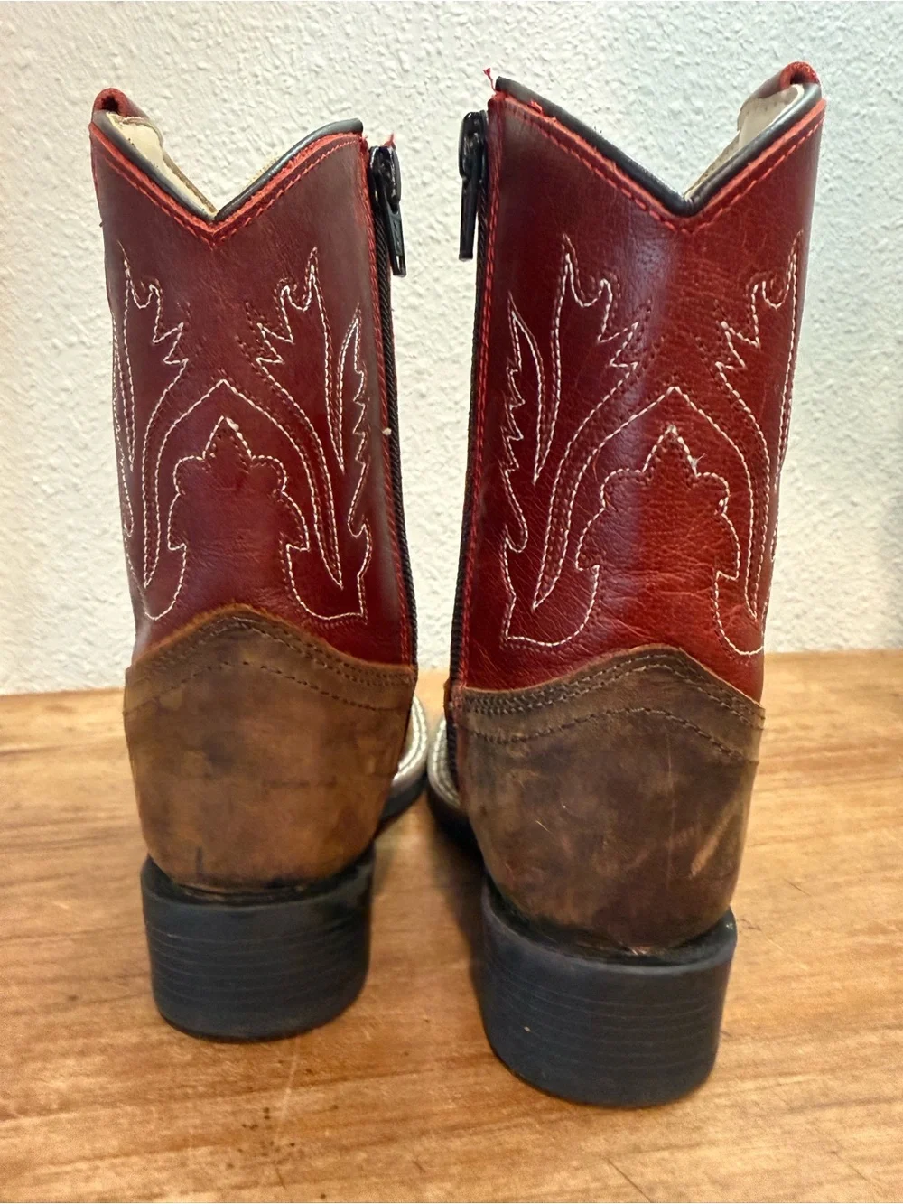 Old West Kids Cowboy Boots 5.5 D Brown Red Leather Western Side Zip
